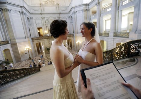 Cynthia Wides & Elizabeth Carey, trying the knot at SF City Hall.