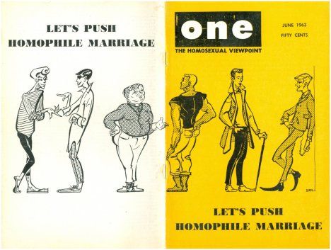 One magazine, June 1963: we've been at this a long time, since before the word Gay was adopted. The editors couldn't conceive of actual legal rights, they wanted to promote relationships. Fifty years later, I believe that marriage equality, more than any other right we still need, is what breaks the back of homophobia. (bluetruckredstate.blogspot.com)